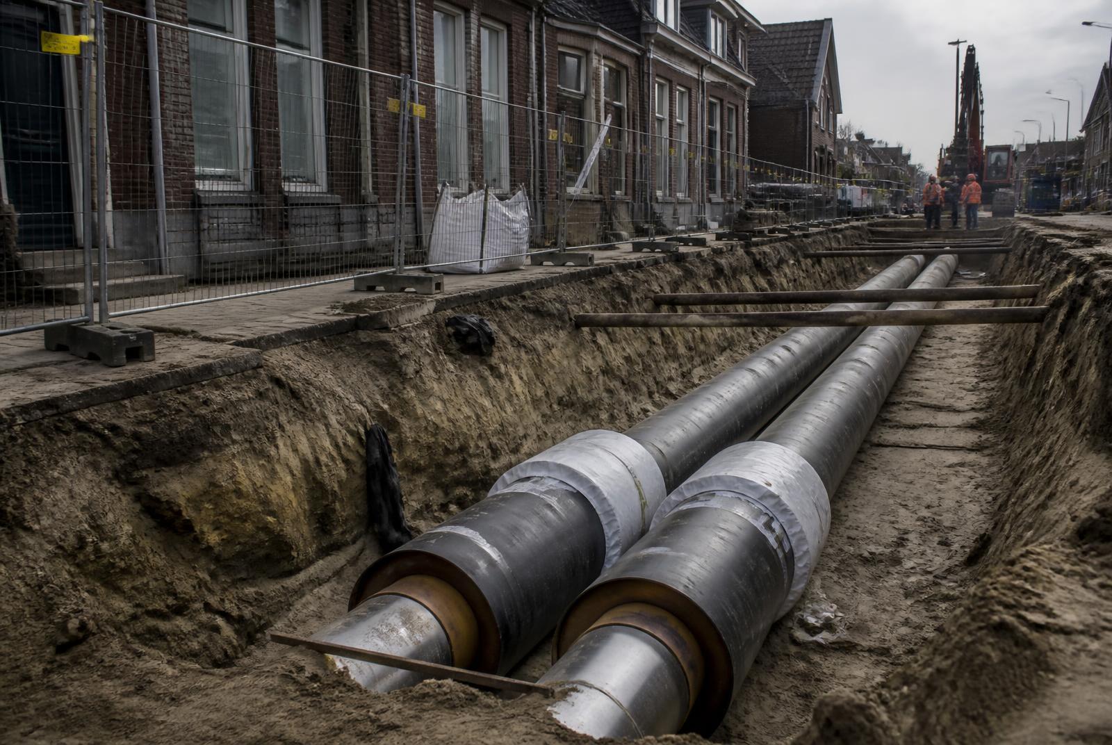 Aanleg van warmtenetleidingen in een Nederlandse straat